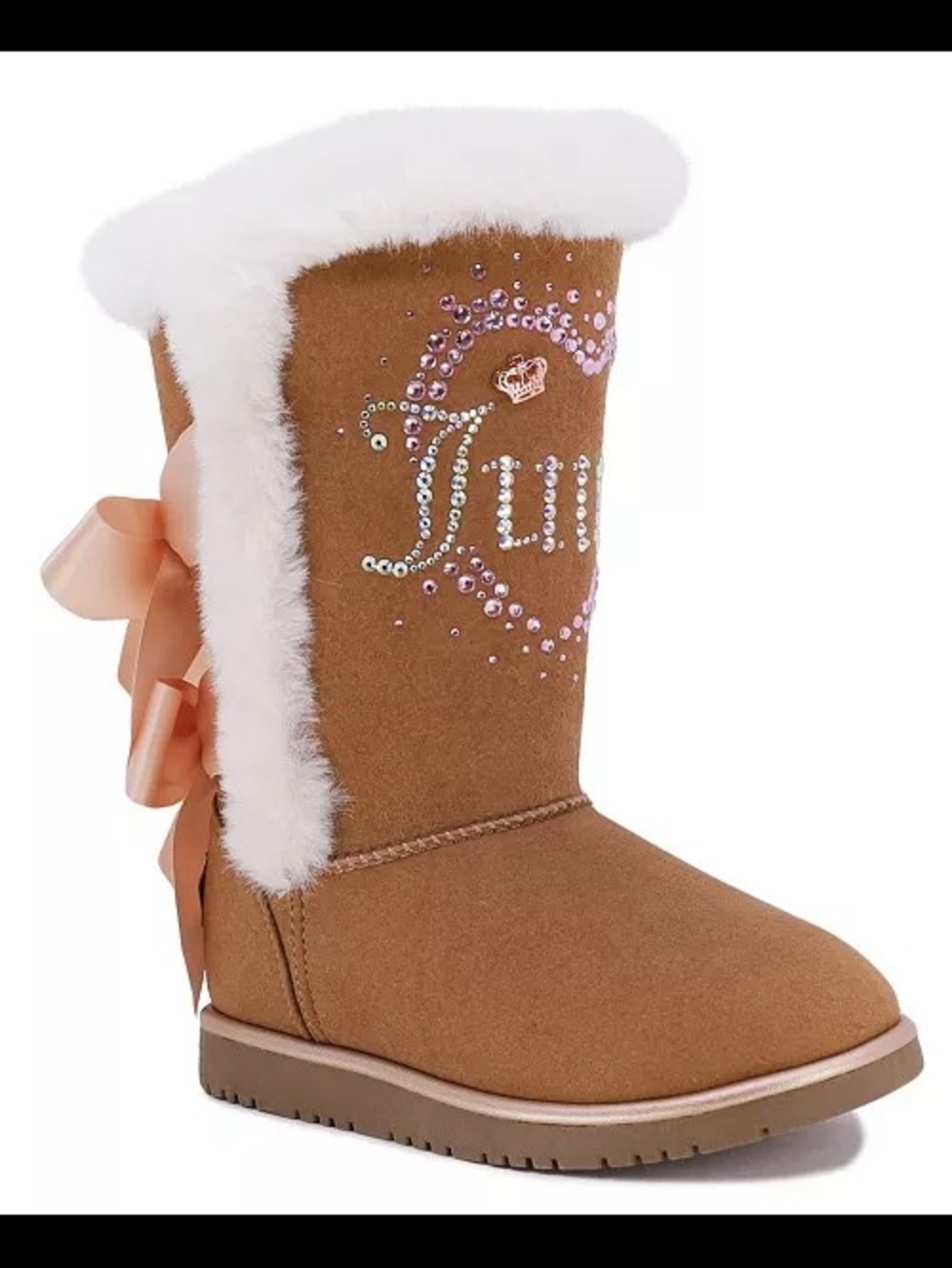 Girls Juicy Couture Tan Faux Suede Rhinestone Bow Winter Boots